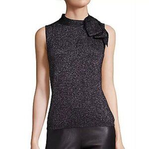 Saks Fifth Ave Sweater Tank Womens Large Black Sleeveless Mock NeckTie Metallic